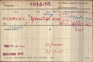 A handwritten Medal Card dated 1914-15 with red ink