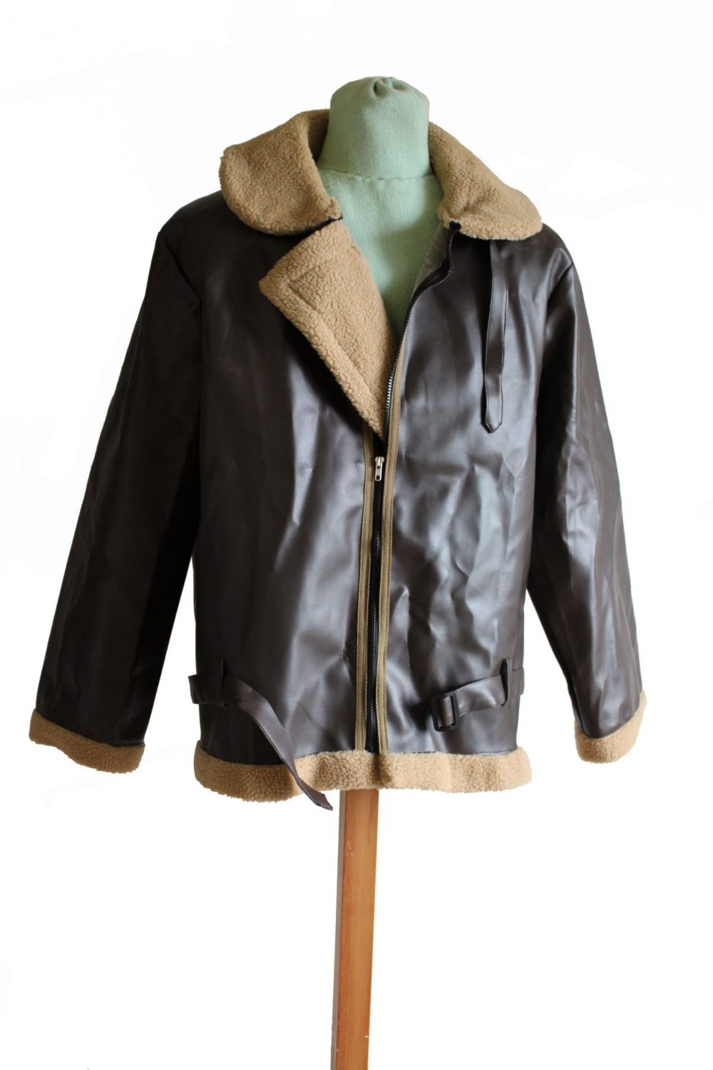 Brown leather aviator jacket with light brown sheepskin cuffs and collar