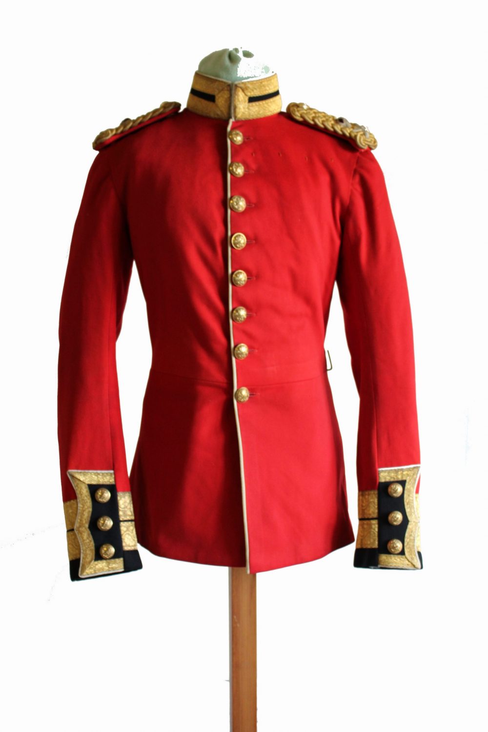 Red military jacket with gold buttons, collar, sleeve cuffs and shoulder epaulettes