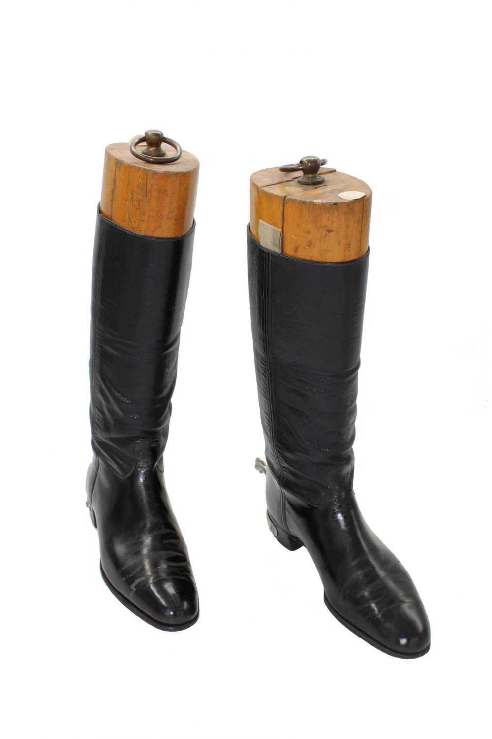 Black leather boots with a small block heel, which finish at mid calf
