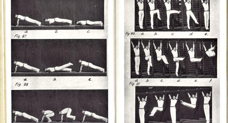 Black and white photograph inside the 1931 Manual of Physical Training showing step by step images of how to compete push-ups and pull-ups.