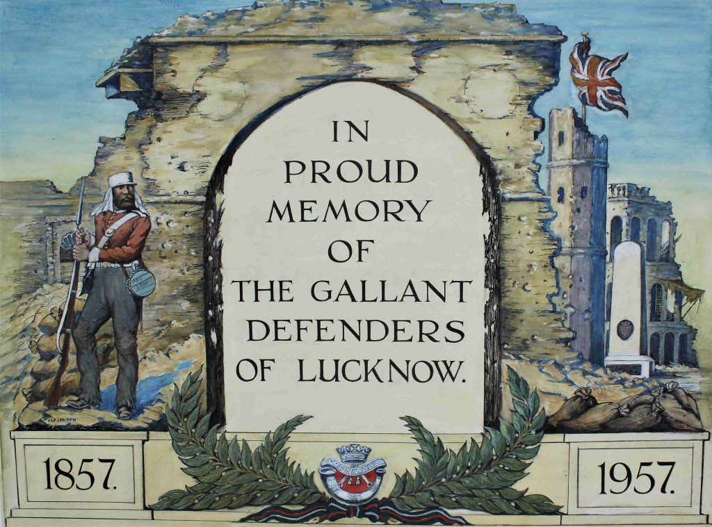 Memorial Painting for the Defenders of Lucknow depicting a soldier, a damaged wall, and the Residency building in Lucknow.