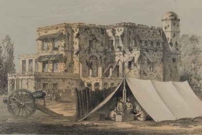 Old building in the background with a cannon and tent in the foreground. In the tent are four soldiers. 